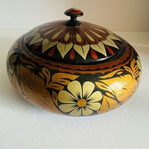 Hand Painted Floral Black,  Gold, Gray Covered Trinket Box.